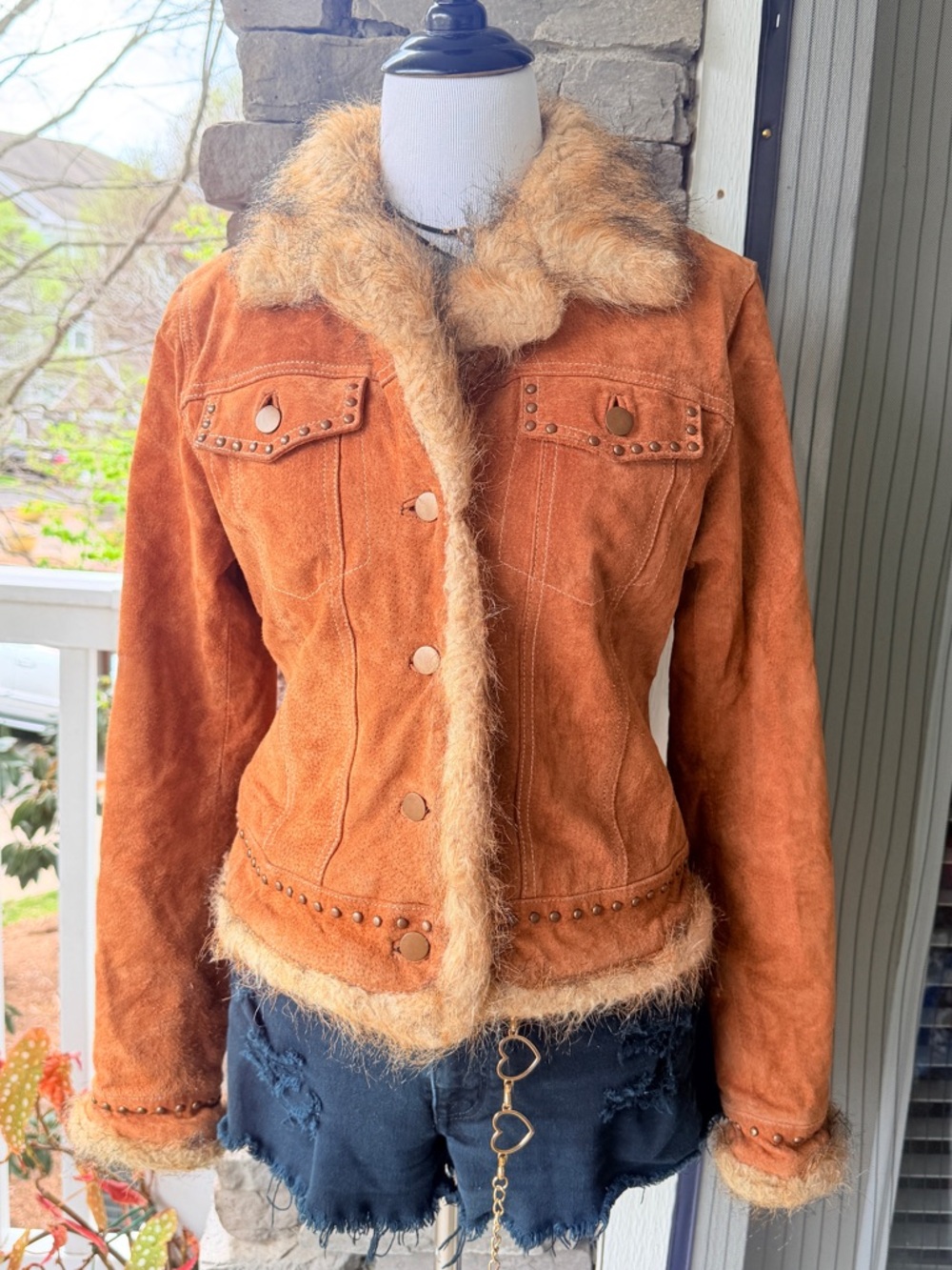 Vintage Venus Brown Suede Leather Faux Fur Trim Studded Details Women’s Jacket